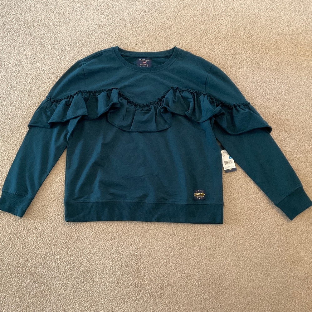 size XL, bust up to 44” inches, greenish blue sweater, new condition
